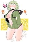  blush breasts cleavage closed_eyes eyebrows ghost_tail green_hair grin heart highres hood hoodie large_breasts naked_hoodie no_bra no_legs no_pants open_clothes short_hair smile soga_no_tojiko solo spoken_heart takeu thick_eyebrows touhou 