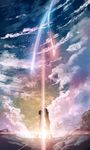  1girl cloud cloudy_sky commentary_request face-to-face hetero kimi_no_na_wa light looking_at_another meteor miyamizu_mitsuha ryokucha_manma scenery sky star_(sky) starry_sky tachibana_taki wide_shot 