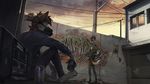  4_toes 5_fingers anthro barefoot brown_hair canine clothed clothing day detailed_background digitigrade graffiti group hair mammal outside sitting sky standing toes wildering 