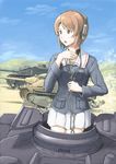  bangs blue_jacket cloud cloudy_sky commentary day driving dust_cloud girls_und_panzer green_shirt ground_vehicle headphones jacket jagdpanzer_38(t) long_sleeves looking_to_the_side military military_uniform military_vehicle miniskirt motor_vehicle nishizumi_miho ooarai_military_uniform panzerkampfwagen_iv parted_lips pleated_skirt shirt short_hair skirt sky solo standing sturmgeschutz_iii tank throat_microphone type_89_i-gou uniform vent_arbre white_skirt 