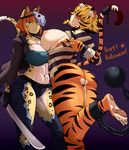  &lt;3 2016 abs anthro ball_and_chain big_breasts blonde_hair bottomless breasts butt_pose chain claws clothed clothing cosplay duo exposed_breasts feline frown fur green_eyes hair holding_object holding_weapon inner_ear_fluff machete mammal mask melee_weapon nipple_bulge nipples on_one_leg orange_fur orange_hair pawpads pose prison_outfit rear_view safurantora shackles shirt_pull skimpy smile standing stripes tiger toe_claws torn_clothing weapon 