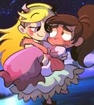  1boy 1girl artist_request blonde_hair blush brown_eyes brown_hair crossdressing marco_diaz ponytail purple_eyes star_butterfly star_vs_the_forces_of_evil 