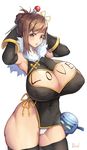  ^_^ armpits bad_id bad_pixiv_id black_gloves body_writing breasts brown_eyes brown_hair cleavage cleavage_cutout closed_eyes elbow_gloves gloves hair_bun hair_ornament hairpin harry_(dudwofla) highres huge_breasts mei_(overwatch) overwatch panties robot signature simple_background snowball snowball_(overwatch) solo thick_thighs thighs underwear white_background white_panties 