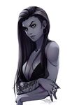  black_bra bra breasts cleavage collarbone crossed_arms earrings eyebrows hair_down hoop_earrings jewelry large_breasts lips long_hair mike_nesbitt mole mole_above_mouth nose overwatch plunging_neckline purple_skin solo tattoo thick_eyebrows underwear very_long_hair widowmaker_(overwatch) yellow_eyes 