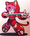  animal_ears animal_helmet armor blue_eyes cat_ears cat_tail fangs full_body furry helmet highres holding holding_sword holding_weapon kyatto_ninden_teyandee open_mouth pururun robot_joints solo sword tail weapon zankuro 