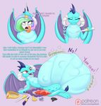  augustbebel belly big_belly blue_scales dragon english_text equine fangs female friendship_is_magic fur hair hi_res hooves horn horse mammal multicolored_hair my_little_pony open_mouth oral_vore overweight pony princess_celestia_(mlp) princess_ember_(mlp) purple_eyes red_eyes scales scalie simple_background size_difference smile swallowing teeth text tongue tongue_out vore white_fur winged_unicorn wings 