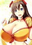  :d absurdres arabian_clothes black_hair blue_eyes blush breasts choker cleavage collarbone commentary_request earrings fate/grand_order fate_(series) flower hair_between_eyes hair_flower hair_ornament highres hoop_earrings huge_breasts jewelry long_hair looking_at_viewer mata_hari_(fate/grand_order) navel open_mouth saberillya2 smile solo stomach upper_body 