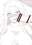  1boy 1girl bar_censor blush breasts breath censored fate/stay_night fate_(series) glasses greyscale hetero long_hair looking_at_viewer monochrome namidame open_mouth penis rider simple_background smile white_background 