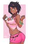  ass bangs bead_necklace beads black_hair blue_nails bracelet breasts crop_top dark_skin earrings elite_four grey_eyes holding holding_poke_ball iahfy island_kahuna jewelry lipstick looking_at_viewer lychee_(pokemon) makeup medium_breasts midriff nail_polish neck_ring necklace poke_ball pokemon pokemon_(game) pokemon_sm short_hair short_shorts shorts sleeveless solo swept_bangs trial_captain 