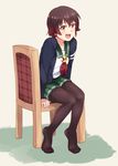  black_legwear blouse blue_jacket brown_hair chair crescent crescent_moon_pin full_body green_background green_skirt jacket kakiha_makoto kantai_collection mutsuki_(kantai_collection) neckerchief no_shoes open_mouth pantyhose pleated_skirt red_hair remodel_(kantai_collection) school_uniform serafuku short_hair sitting sitting_sideways skirt smile solo white_blouse 