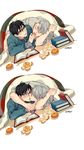  arm_around_neck arm_pillow artist_name bangs black_hair blanket blue-framed_eyewear blush book brown_eyes dutch_angle feeding food fruit gearous glasses highres hood hood_down jacket katsuki_yuuri kiss long_sleeves looking_at_another lying male_focus mandarin_orange multiple_boys on_side on_stomach open_book orange_peel over-rim_eyewear semi-rimless_eyewear silver_hair sleeves_past_wrists surprised under_covers viktor_nikiforov wrist_grab yaoi yuri!!!_on_ice zipper 