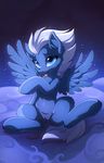  2016 blue_eyes blue_fur cloud equine feathered_wings feathers female feral fur hair hioshiru licking mammal my_little_pony night pegasus pussy sky solo star tongue tongue_out white_hair wings 