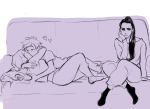  3girls couch couple emily_(overwatch) eyes_closed frown heart jealous kiss long_hair looking_at_another lying monochrome multiple_girls overwatch pouting short_hair sitting sketch spiky_hair tracer_(overwatch) widowmaker widowmaker_(overwatch) yuri 