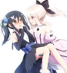  artoria_pendragon_(all) bare_shoulders black_dress black_gloves black_hair blonde_hair blush bow butterfly_hair_ornament carrying commentary cosplay detached_collar detached_sleeves dress elbow_gloves eye_contact fate/kaleid_liner_prisma_illya fate_(series) flat_chest flower gloves hair_bow hair_flower hair_ornament hairclip haribote_(tarao) illyasviel_von_einzbern looking_at_another miyu_edelfelt multiple_girls open_mouth ponytail princess_carry saber saber_lily saber_lily_(cosplay) side_ponytail sleeveless sleeveless_dress yellow_eyes yuri 