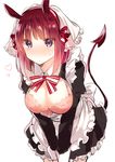  apron blush bra breasts breasts_outside brown_hair cleavage demon_tail hair_ribbon hairband heart horns ikeuchi_tanuma large_breasts leaning_forward looking_at_viewer maid pink_bra purple_eyes ribbon short_hair simple_background solo tail underwear v_arms veil waist_apron white_background 