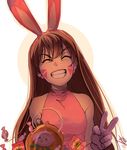  ^_^ alternate_costume animal_ears brown_hair bunny_ears closed_eyes commentary d.va_(overwatch) doritos fake_animal_ears food grin hairband halloween leotard long_hair mike_nesbitt overwatch pink_leotard sleeveless smile solo sweets v whisker_markings 