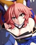  animal_ears bell bell_collar blue_legwear blush bow breasts cleavage collar detached_sleeves fate/extra fate_(series) fox_ears fox_tail hair_bow hair_ribbon japanese_clothes large_breasts looking_at_viewer nejime pink_hair ribbon solo tail tamamo_(fate)_(all) tamamo_no_mae_(fate) yellow_eyes 