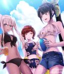  3girls :d ball bangs beachball bikini black_bikini black_hair blue_bikini blue_eyes blue_shorts blue_sky blunt_bangs bow breasts can chabashira_tenko cleavage cloud danganronpa dark_skin day drinking_straw eyebrows_visible_through_hair floral_print from_below front-tie_bikini front-tie_top green_bow green_eyes hair_bow halterneck high_ponytail holding holding_ball holding_can innertube long_hair looking_at_viewer looking_away medium_breasts multiple_girls navel new_danganronpa_v3 open_mouth outdoors parted_bangs print_bow red_hair shiny shiny_hair short_hair short_shorts short_twintails shorts side-tie_bikini silver_hair sky small_breasts smile standing swimsuit torn_clothes torn_shorts twintails twitter_username very_long_hair white_bikini_top yellow_eyes yonaga_angie yumeno_himiko z-epto_(chat-noir86) 