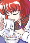  blazer bowl cereal closed_eyes collared_shirt commentary dated dripping eating eyebrows froot_loops highres horikawa_raiko jacket milk necktie photo-referenced profitshame red_hair shirt short_hair signature solo spoon spoon_in_mouth thick_eyebrows touhou 