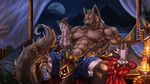  2016 4_fingers abs anthro arm_support armband bed bedroom biceps big_muscles brown_eyes brown_fur brown_nose canine claws clothed clothing cloud curtains detailed detailed_background egyptian fangs fire full_moon fur hi_res hourglass inside lander-laon legband light looking_at_viewer lying male mammal moon muscular navel night nipples on_front pants pecs penis pyramid raised_tail red_eyes roin solo spread_legs spreading tattoo topless wallpaper wolf 