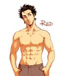  abs adonis_belt brown_hair character_name feriowind hair_slicked_back hands_in_pockets looking_to_the_side male_focus muscle nipples pokemon pokemon_(game) pokemon_sm red_(pokemon) shirtless solo 