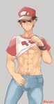  1boy abs hat male_focus msucle pokemon pokemon_(game) pokemon_generations pokemon_sm red_(pokemon) red_(pokemon)_(sm) shirt_lift solo tagme undressing 