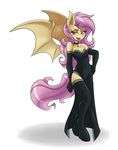  2016 ambris anthro anthrofied bat_pony bat_wings blush breasts cleavage clothed clothing cutie_mark dress elbow_gloves equine eyelashes fangs female flutterbat_(mlp) fluttershy_(mlp) friendship_is_magic gloves hair half-closed_eyes hi_res jewelry legwear long_hair looking_at_viewer mammal membranous_wings my_little_pony necklace open_mouth pink_hair red_eyes simple_background solo thigh_highs tongue tongue_out white_background wings 