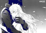  1girl blush comforting couple darker_than_black gloves hei hetero hug jacket kawakami_rokkaku long_hair monochrome smile topless white_hair yin 