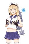  black_gloves blonde_hair blue_eyes breast_squeeze breasts command_and_conquer command_and_conquer_red_alert_3 gloves hat medium_breasts navel navy pleated_skirt simple_background skirt solo standing thighhighs white_background white_legwear 