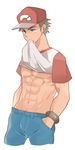  1boy abs hat male_focus muscle pokemon pokemon_(game) pokemon_generations pokemon_sm red_(pokemon) red_(pokemon)_(sm) shirt_lift solo tagme undressing 