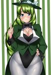  absurdres black_leotard blue_eyes bow bowtie braid breasts cleavage detached_collar eyebrows eyebrows_visible_through_hair green_hair green_jacket grey_legwear hand_on_hip hat highres jacket jewelry kantai_collection large_breasts leotard leotard_under_clothes long_hair magician mole mole_under_mouth navel pantyhose playboy_bunny_leotard ribbon ring ryokutoosu single_braid smile solo striped striped_background top_hat vertical-striped_background vertical_stripes very_long_hair wedding_band wide_hips yuugumo_(kantai_collection) 