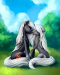  black_feathers black_fur blue_eyes cutie_mark day duo equine eyes_closed fan_character feathered_wings feathers female feral fur grass grey_feathers grey_fur hair hooves l1nkoln male mammal my_little_pony outside pegasus sitting sky smile white_hair wings 