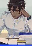  arjuna_(fate/grand_order) bangs black_eyes black_hair book commentary_request dark_skin dark_skinned_male fate/grand_order fate_(series) glasses hair_between_eyes hand_on_own_head hand_up indoors long_sleeves looking_at_viewer male_focus open_book parted_bangs parted_lips rei_(sanbonzakura) serious solo teeth turtleneck upper_body v-shaped_eyebrows watch wavy_hair wristwatch 