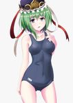  absurdres ass_visible_through_thighs asymmetrical_hair blue_eyes blue_swimsuit breasts green_hair hat highres kaden medium_breasts one-piece_swimsuit ribbon school_swimsuit shiki_eiki solo standing swimsuit touhou 