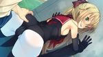  1girl against_wall ao_no_kanata_no_four_rhythm ao_no_kanata_no_four_rhythm_-es- armpits asagiri_rinko ass ass_grab bare_shoulders bent_over black_gloves black_legwear black_leotard blonde_hair blush bodysuit breasts cameltoe covered_nipples elbow_gloves game_cg gloves grabbing_another's_ass green_eyes groping hair_ribbon leotard long_hair looking_back open_mouth pantyhose ponytail ribbon sailor_collar sideboob small_breasts smile suzumori thighhighs 