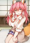  animal_ears blush bow breasts brown_eyes cardigan cardigan_around_waist cleavage clothes_around_waist fate/extella fate/extra fate_(series) fox_ears fox_tail hair_bow hair_ribbon large_breasts long_hair necktie no_bra open_clothes open_mouth open_shirt pink_hair ribbon sabujiroko school_uniform shirt sitting skirt smile solo tail tamamo_(fate)_(all) tamamo_jk_(fate) twintails unbuttoned untied 