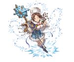  blue_footwear boots breasts brown_eyes brown_hair capelet cleavage cross-laced_footwear full_body fur_boots fur_hat fur_trim granblue_fantasy hat holding ice idolmaster idolmaster_cinderella_girls kawashima_mizuki knee_boots lace-up_boots long_hair looking_at_viewer medium_breasts minaba_hideo official_art one_eye_closed smile solo staff transparent_background winter_clothes 
