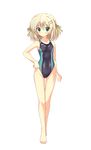  ass_visible_through_thighs barefoot blonde_hair blush breasts competition_swimsuit covered_navel green_eyes hair_ribbon hand_on_hip hizuki_aki looking_to_the_side one-piece_swimsuit original ribbon short_hair small_breasts solo standing swimsuit 