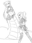  2girls alisfieze_fateburn_xvi camel_(dansen) cecil_(mon-musu_quest!) crossed_arms facial_mark female lamia long_gloves midriff mon-musu_quest! monochrome monster_girl multiple_girls navel open_mouth pointy_ears ponytail profile sword thighhighs weapon 