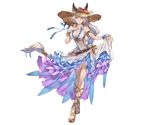 animal_ears armlet bracelet braid brown_eyes ears_through_headwear erune flower full_body granblue_fantasy hand_on_own_chest hat heles jewelry lavender_hair long_hair minaba_hideo official_art one-piece_swimsuit sandals see-through skirt smile solo standing sun_hat swimsuit transparent_background very_long_hair 