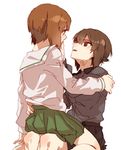  brown_eyes brown_hair girls_und_panzer green_skirt hamada_(super_tachioyogi_kyousou) hand_on_another's_hip hand_on_another's_shoulder hands incest kuromorimine_school_uniform looking_at_another multiple_girls nishizumi_maho nishizumi_miho ooarai_school_uniform school_uniform serafuku short_hair siblings sisters sitting sitting_on_lap sitting_on_person skirt white_background yuri 