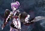  antennae apron double_bun entoma_vasilissa_zeta fangs japanese_clothes kimono kyuutou_(kyuutouryuu) maid maid_apron maid_headdress mary_janes monster_girl overlord_(maruyama) purple_hair red_eyes seal shoes sleeves_past_wrists 