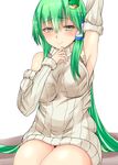  alternate_costume arm_up armpits bare_shoulders blush closed_mouth commentary_request cowboy_shot detached_sleeves dress frog_hair_ornament fujimori_tonkatsu green_eyes green_hair hair_ornament hair_tubes highres kochiya_sanae long_hair looking_at_viewer ribbed_sweater sidelocks sitting smile solo sweater sweater_dress touhou turtleneck turtleneck_sweater very_long_hair white_dress 