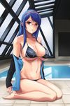  barefoot bikini blue_hair breasts cleavage din_(raiden) gakuen_taisen_valkyries glasses hairband highres large_breasts legs long_hair looking_at_viewer parted_lips pink_eyes print_bikini rei_no_pool sabra_greengold seiza sitting solo swimsuit thighs tile_floor tiles wet 