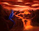  ambiguous_gender blue_skin claws day detailed_background dragon feral horn lava membranous_wings nude oksara outside red_sky sitting sky solo wings 