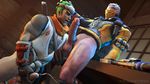  2boys 3d age_difference bara bottomless cum cum_in_mouth drooling ejaculation erection facial fellatio genji_(overwatch) green_hair gun hand_on_head headband killystein large_penis male_focus mask masturbation multiple_boys multiple_penises muscle open_mouth orgasm overwatch penis penis_grab silver_hair soldier:_76_(overwatch) source_filmmaker weapon yaoi 