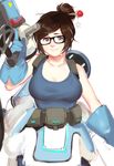  absurdres black-framed_eyewear breasts brown_eyes brown_hair cleavage coat collarbone dripping drone fur_coat fur_trim glasses gun hair_bun hair_ornament hair_stick highres holding holding_gun holding_weapon large_breasts light_smile looking_at_viewer mei_(overwatch) overwatch robot short_hair shuaiaba simple_background sketch snowball_(overwatch) solo sweat tank_top upper_body weapon white_background 