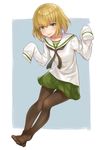  :p alternate_costume black_legwear blonde_hair blue_eyes blush girls_und_panzer green_skirt highres katyusha koretsuna ooarai_school_uniform pantyhose school_uniform serafuku short_hair skirt sleeves_past_wrists solo tongue tongue_out 