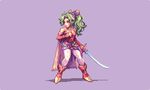  abysswolf boots cape final_fantasy final_fantasy_vi green_hair left-handed long_hair pantyhose pixel_art ponytail purple_background purple_hair solo sword tina_branford weapon wrist_guards 