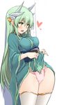  blush commentary dress dress_lift fate/grand_order fate_(series) flying_sweatdrops green_hair heart japanese_clothes kiyohime_(fate/grand_order) lift long_hair momio panties pelvic_curtain pink_panties solo thighhighs underwear white_legwear yellow_eyes 